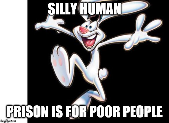 Silly trix rabbit  | SILLY HUMAN; PRISON IS FOR POOR PEOPLE | image tagged in silly trix rabbit | made w/ Imgflip meme maker