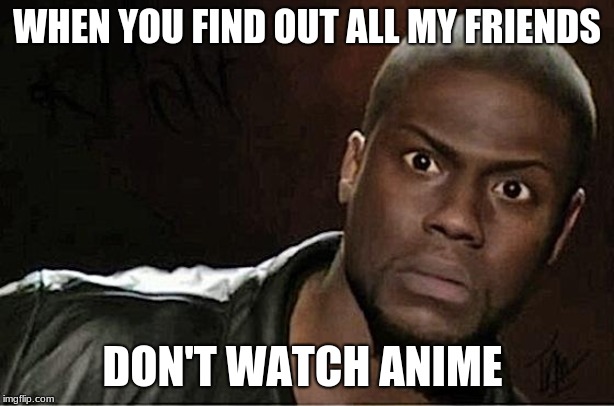 Kevin Hart | WHEN YOU FIND OUT ALL MY FRIENDS; DON'T WATCH ANIME | image tagged in memes,kevin hart | made w/ Imgflip meme maker