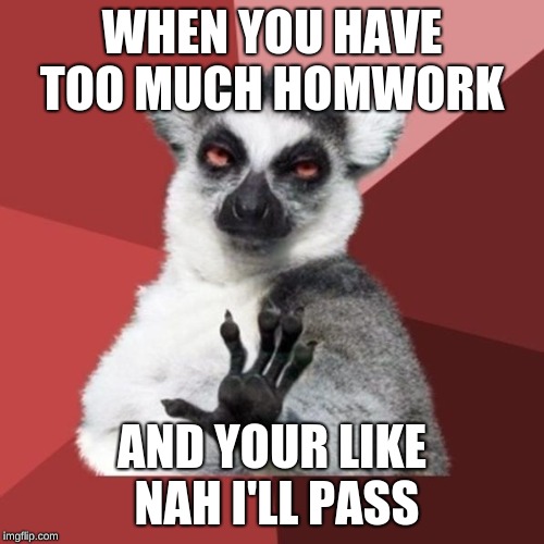 Chill Out Lemur Meme | WHEN YOU HAVE TOO MUCH HOMWORK; AND YOUR LIKE NAH I'LL PASS | image tagged in memes,chill out lemur | made w/ Imgflip meme maker