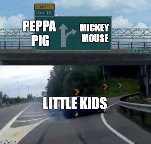 Left Exit 12 Off Ramp Meme | PEPPA PIG; MICKEY MOUSE; LITTLE KIDS | image tagged in memes,left exit 12 off ramp | made w/ Imgflip meme maker