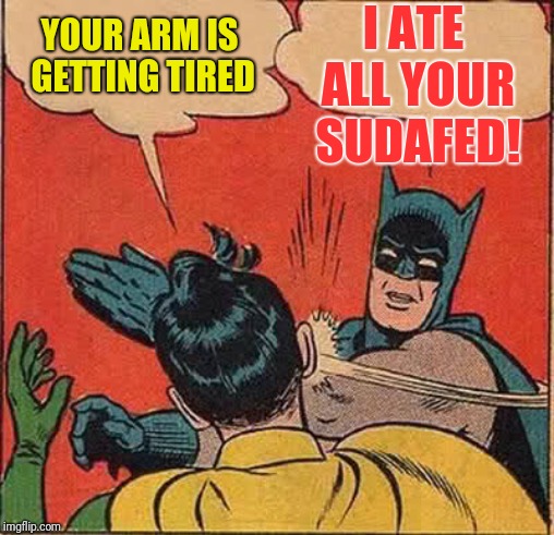 Batman Slapping Robin | I ATE ALL YOUR SUDAFED! YOUR ARM IS GETTING TIRED | image tagged in memes,batman slapping robin | made w/ Imgflip meme maker