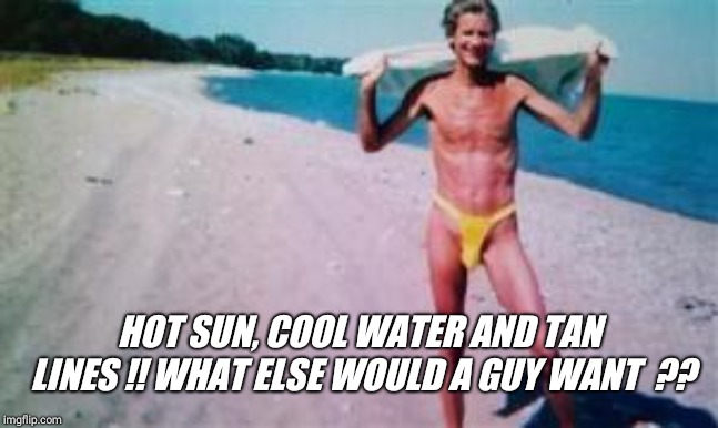 HOT SUN, COOL WATER AND TAN LINES !! WHAT ELSE WOULD A GUY WANT  ?? | made w/ Imgflip meme maker