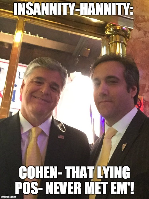INSANNITY-HANNITY:; COHEN- THAT LYING POS- NEVER MET EM'! | image tagged in sean insannity cohen | made w/ Imgflip meme maker