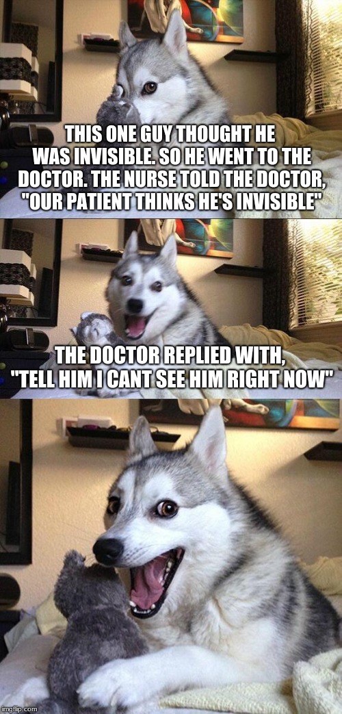 sorry for the long text i also don't like long texts i just had to put it all in there | THIS ONE GUY THOUGHT HE WAS INVISIBLE. SO HE WENT TO THE DOCTOR. THE NURSE TOLD THE DOCTOR, "OUR PATIENT THINKS HE'S INVISIBLE"; THE DOCTOR REPLIED WITH, "TELL HIM I CANT SEE HIM RIGHT NOW" | image tagged in memes,bad pun dog,doctor,doctor and patient,pun,wow you actually read the tags thats cool put a big fat e in the chat | made w/ Imgflip meme maker