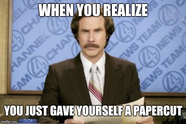 Ron Burgundy Meme | WHEN YOU REALIZE; YOU JUST GAVE YOURSELF A PAPERCUT | image tagged in memes,ron burgundy | made w/ Imgflip meme maker