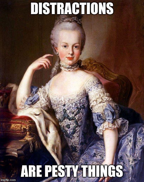 Marie Antoinette | DISTRACTIONS; ARE PESTY THINGS | image tagged in marie antoinette | made w/ Imgflip meme maker