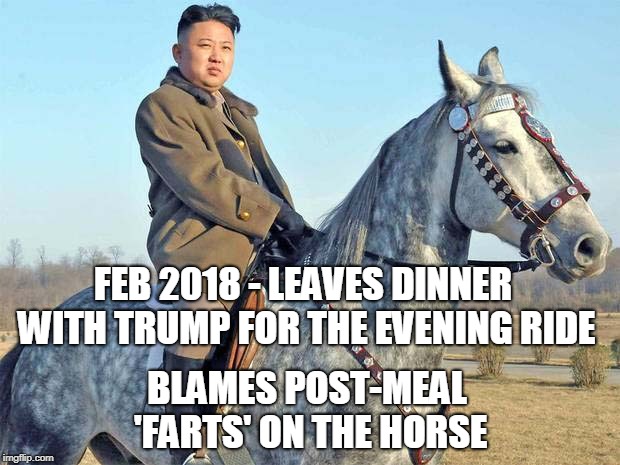 KIM JONG'S HORSE | FEB 2018 - LEAVES DINNER WITH TRUMP FOR THE EVENING RIDE; BLAMES POST-MEAL 'FARTS' ON THE HORSE | image tagged in horse,hungry kim jong un | made w/ Imgflip meme maker