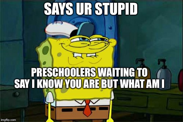 Don't You Squidward | SAYS UR STUPID; PRESCHOOLERS WAITING TO SAY I KNOW YOU ARE BUT WHAT AM I | image tagged in memes,dont you squidward | made w/ Imgflip meme maker