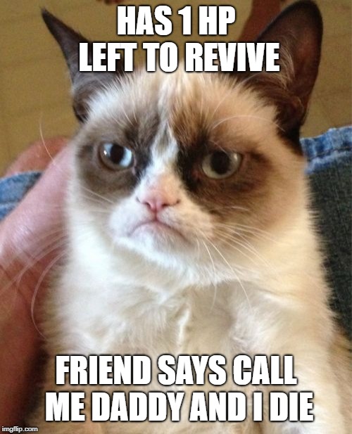 Grumpy Cat | HAS 1 HP LEFT TO REVIVE; FRIEND SAYS CALL ME DADDY AND I DIE | image tagged in memes,grumpy cat | made w/ Imgflip meme maker