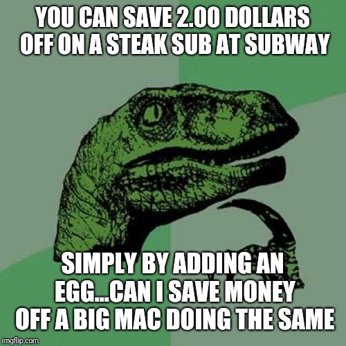 Philosoraptor Meme | YOU CAN SAVE 2.00 DOLLARS OFF ON A STEAK SUB AT SUBWAY; SIMPLY BY ADDING AN EGG...CAN I SAVE MONEY OFF A BIG MAC DOING THE SAME | image tagged in memes,philosoraptor | made w/ Imgflip meme maker