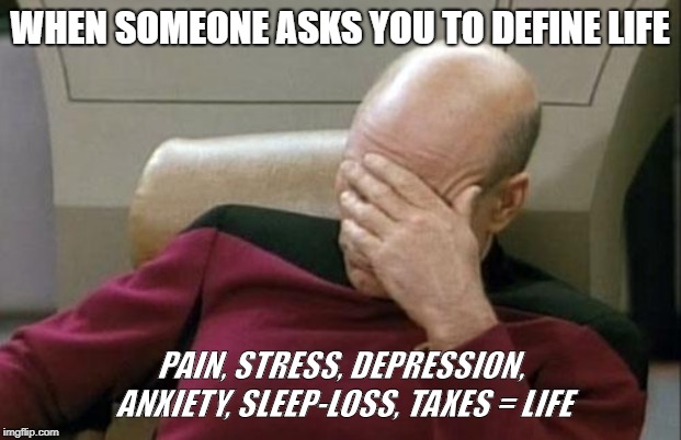 Captain Picard Facepalm Meme | WHEN SOMEONE ASKS YOU TO DEFINE LIFE; PAIN, STRESS, DEPRESSION, ANXIETY, SLEEP-LOSS, TAXES = LIFE | image tagged in memes,captain picard facepalm | made w/ Imgflip meme maker