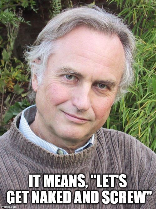 Richard Dawkins | IT MEANS, "LET'S GET NAKED AND SCREW" | image tagged in richard dawkins | made w/ Imgflip meme maker
