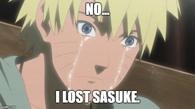 Finishing anime | NO... I LOST SASUKE. | image tagged in finishing anime | made w/ Imgflip meme maker