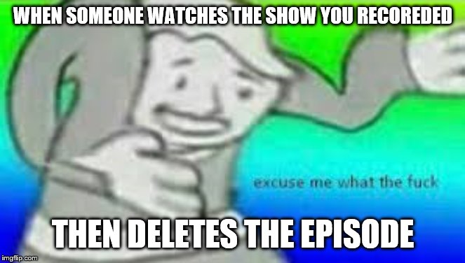 My little brother does this sometimes | WHEN SOMEONE WATCHES THE SHOW YOU RECOREDED; THEN DELETES THE EPISODE | image tagged in excuse me what the fuck | made w/ Imgflip meme maker