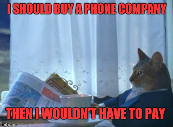 Cat newspaper | I SHOULD BUY A PHONE COMPANY THEN I WOULDN'T HAVE TO PAY | image tagged in cat newspaper | made w/ Imgflip meme maker