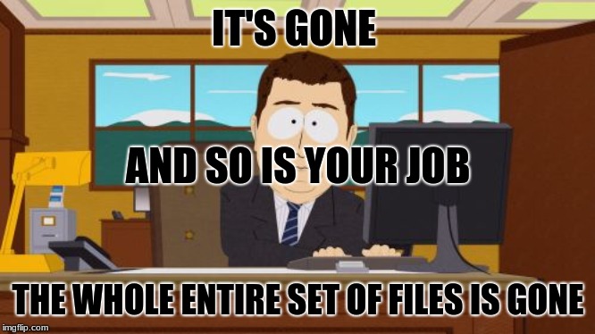 Aaaaand Its Gone Meme | IT'S GONE; AND SO IS YOUR JOB; THE WHOLE ENTIRE SET OF FILES IS GONE | image tagged in memes,aaaaand its gone | made w/ Imgflip meme maker