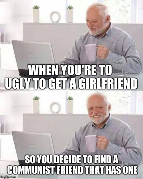 Read that again, But Slowly | WHEN YOU'RE TO UGLY TO GET A GIRLFRIEND; SO YOU DECIDE TO FIND A COMMUNIST FRIEND THAT HAS ONE | image tagged in memes,hide the pain harold,communism,funny,my life | made w/ Imgflip meme maker