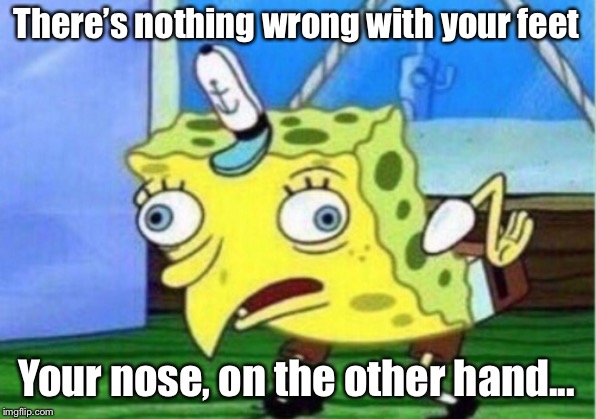 Mocking Spongebob Meme | There’s nothing wrong with your feet Your nose, on the other hand... | image tagged in memes,mocking spongebob | made w/ Imgflip meme maker