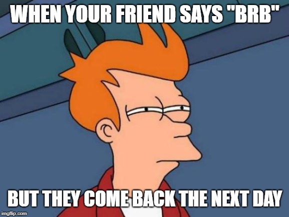 Futurama Fry | WHEN YOUR FRIEND SAYS "BRB"; BUT THEY COME BACK THE NEXT DAY | image tagged in memes,futurama fry | made w/ Imgflip meme maker