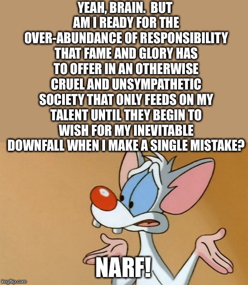 NARF! | YEAH, BRAIN.  BUT AM I READY FOR THE OVER-ABUNDANCE OF RESPONSIBILITY THAT FAME AND GLORY HAS TO OFFER IN AN OTHERWISE CRUEL AND UNSYMPATHETIC SOCIETY THAT ONLY FEEDS ON MY TALENT UNTIL THEY BEGIN TO WISH FOR MY INEVITABLE DOWNFALL WHEN I MAKE A SINGLE MISTAKE? NARF! | image tagged in pinky and the brain,pinky | made w/ Imgflip meme maker