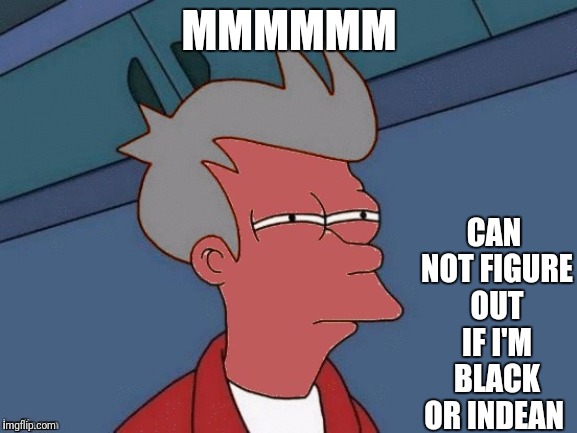 Fry meme | CAN NOT FIGURE OUT IF I'M BLACK OR INDEAN; MMMMMM | image tagged in futurama fry,fry meme,mood,memes | made w/ Imgflip meme maker