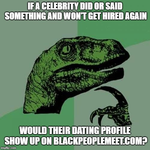 Philosoraptor | IF A CELEBRITY DID OR SAID SOMETHING AND WON'T GET HIRED AGAIN; WOULD THEIR DATING PROFILE SHOW UP ON BLACKPEOPLEMEET.COM? | image tagged in memes,philosoraptor | made w/ Imgflip meme maker