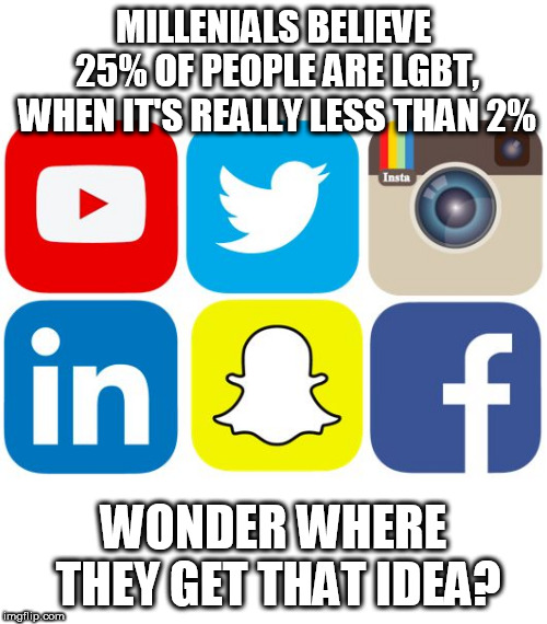 Social Media Icons | MILLENIALS BELIEVE 25% OF PEOPLE ARE LGBT, WHEN IT'S REALLY LESS THAN 2%; WONDER WHERE THEY GET THAT IDEA? | image tagged in social media icons | made w/ Imgflip meme maker