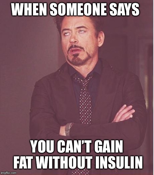 Face You Make Robert Downey Jr Meme | WHEN SOMEONE SAYS; YOU CAN’T GAIN FAT WITHOUT INSULIN | image tagged in memes,face you make robert downey jr | made w/ Imgflip meme maker