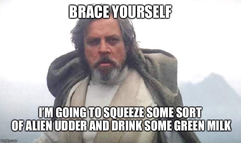 Luke Skywalker | BRACE YOURSELF I’M GOING TO SQUEEZE SOME SORT OF ALIEN UDDER AND DRINK SOME GREEN MILK | image tagged in luke skywalker | made w/ Imgflip meme maker