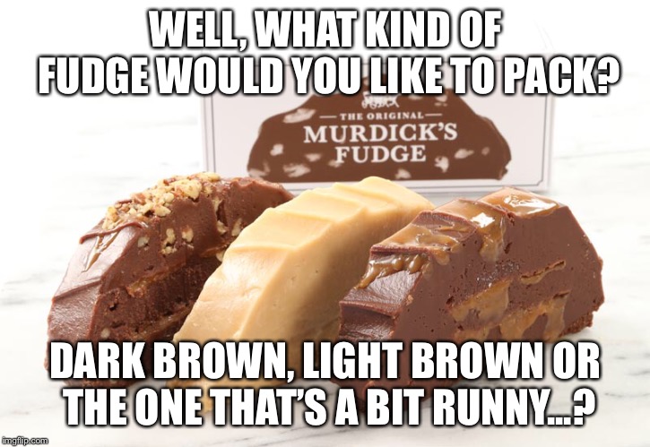 WELL, WHAT KIND OF FUDGE WOULD YOU LIKE TO PACK? DARK BROWN, LIGHT BROWN OR THE ONE THAT’S A BIT RUNNY...? | made w/ Imgflip meme maker