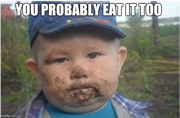 farmer toddler eating dirt | YOU PROBABLY EAT IT TOO | image tagged in farmer toddler eating dirt | made w/ Imgflip meme maker