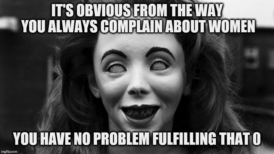 IT'S OBVIOUS FROM THE WAY YOU ALWAYS COMPLAIN ABOUT WOMEN YOU HAVE NO PROBLEM FULFILLING THAT 0 | made w/ Imgflip meme maker