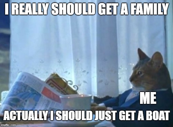 I Should Buy A Boat Cat Meme | I REALLY SHOULD GET A FAMILY; ME; ACTUALLY I SHOULD JUST GET A BOAT | image tagged in memes,i should buy a boat cat | made w/ Imgflip meme maker