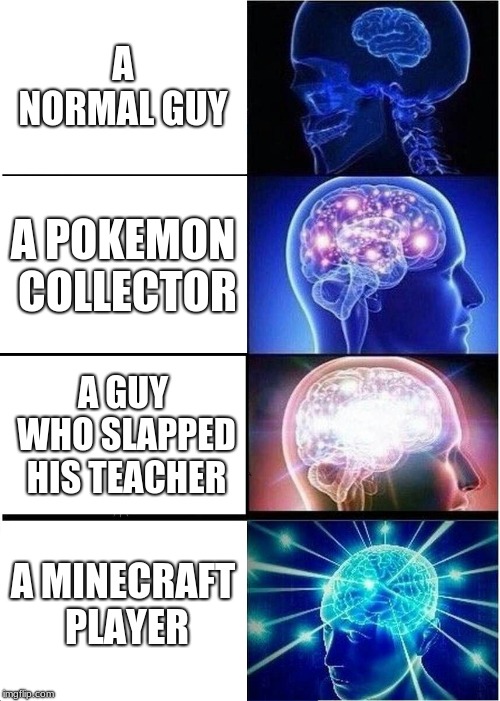 Expanding Brain | A NORMAL GUY; A POKEMON COLLECTOR; A GUY WHO SLAPPED HIS TEACHER; A MINECRAFT PLAYER | image tagged in memes,expanding brain | made w/ Imgflip meme maker