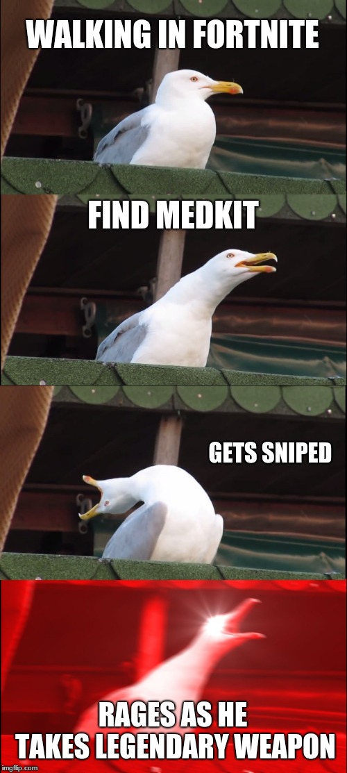Inhaling Seagull | WALKING IN FORTNITE; FIND MEDKIT; GETS SNIPED; RAGES AS HE TAKES LEGENDARY WEAPON | image tagged in memes,inhaling seagull | made w/ Imgflip meme maker