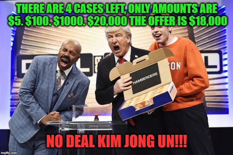Very low rated reality tv stars for president, hows that working for ya?  | THERE ARE 4 CASES LEFT, ONLY AMOUNTS ARE $5. $100. $1000. $20,000 THE OFFER IS $18,000; NO DEAL KIM JONG UN!!! | image tagged in memes,politics,maga,impeach trump,donald trump | made w/ Imgflip meme maker