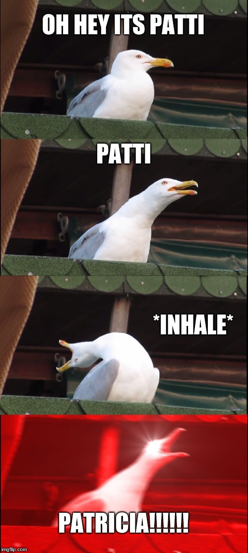 Inhaling Seagull Meme | OH HEY ITS PATTI; PATTI; *INHALE*; PATRICIA!!!!!! | image tagged in memes,inhaling seagull | made w/ Imgflip meme maker