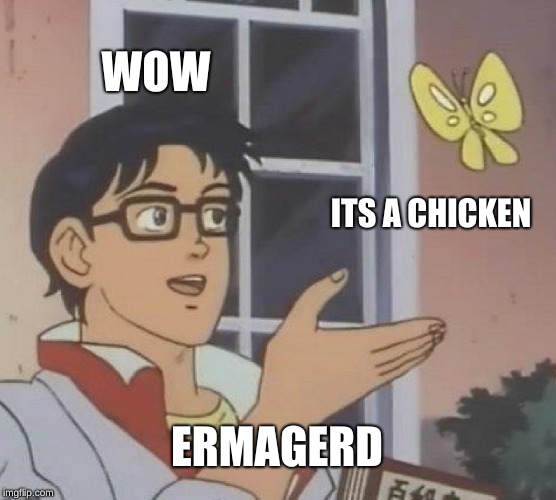 Is This A Pigeon Meme | WOW; ITS A CHICKEN; ERMAGERD | image tagged in memes,is this a pigeon | made w/ Imgflip meme maker