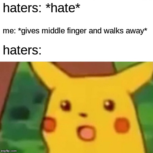 Surprised Pikachu | haters: *hate*; me: *gives middle finger and walks away*; haters: | image tagged in memes,surprised pikachu | made w/ Imgflip meme maker