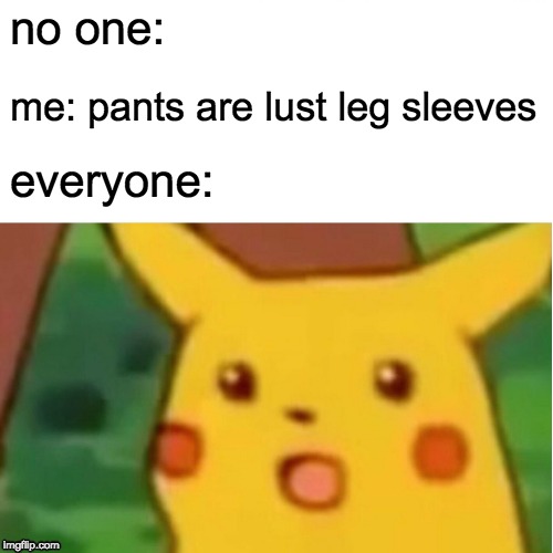 Surprised Pikachu | no one:; me: pants are lust leg sleeves; everyone: | image tagged in memes,surprised pikachu | made w/ Imgflip meme maker