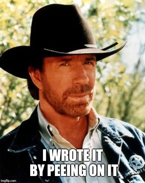 Chuck Norris Meme | I WROTE IT BY PEEING ON IT | image tagged in memes,chuck norris | made w/ Imgflip meme maker