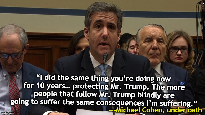 “I did the same thing you’re doing now for 10 years… protecting Mr. Trump. The more people that follow Mr. Trump blindly are going to suffer the same consequences I’m suffering.”; ---Michael Cohen, under oath | image tagged in michael cohen,trump,crook,fraud | made w/ Imgflip meme maker