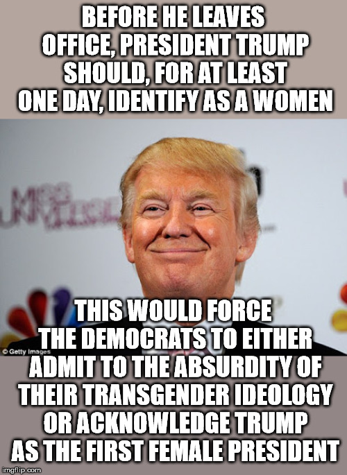 The troll king. | BEFORE HE LEAVES OFFICE, PRESIDENT TRUMP SHOULD, FOR AT LEAST ONE DAY, IDENTIFY AS A WOMEN; THIS WOULD FORCE THE DEMOCRATS TO EITHER ADMIT TO THE ABSURDITY OF THEIR TRANSGENDER IDEOLOGY OR ACKNOWLEDGE TRUMP AS THE FIRST FEMALE PRESIDENT | image tagged in donald trump approves | made w/ Imgflip meme maker