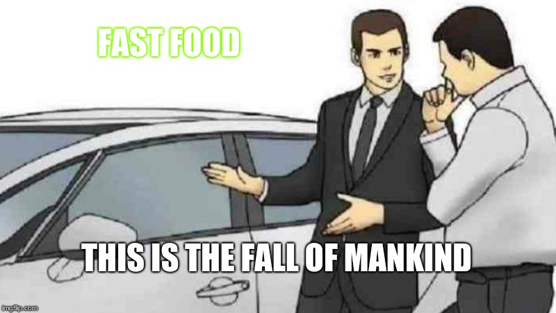 Car Salesman Slaps Roof Of Car | FAST FOOD; THIS IS THE FALL OF MANKIND | image tagged in memes,car salesman slaps roof of car | made w/ Imgflip meme maker