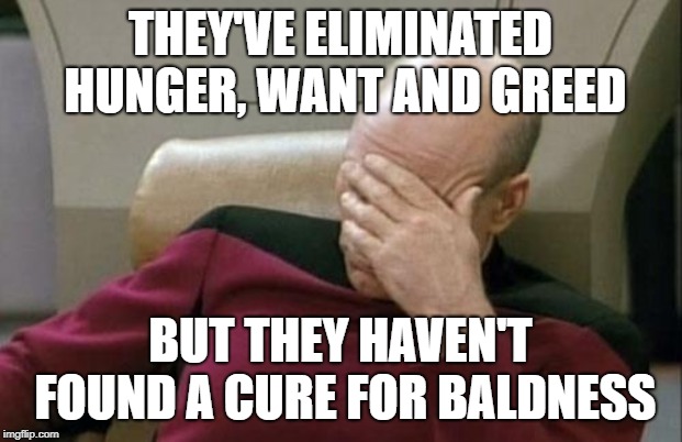 Captain Picard Facepalm Meme | THEY'VE ELIMINATED HUNGER, WANT AND GREED; BUT THEY HAVEN'T FOUND A CURE FOR BALDNESS | image tagged in memes,captain picard facepalm | made w/ Imgflip meme maker
