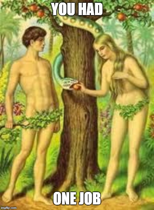 Adam and Eve | YOU HAD; ONE JOB | image tagged in adam and eve | made w/ Imgflip meme maker