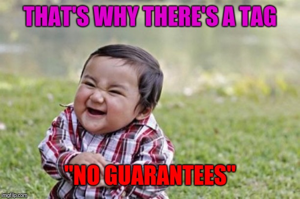 Evil Toddler Meme | THAT'S WHY THERE'S A TAG "NO GUARANTEES" | image tagged in memes,evil toddler | made w/ Imgflip meme maker
