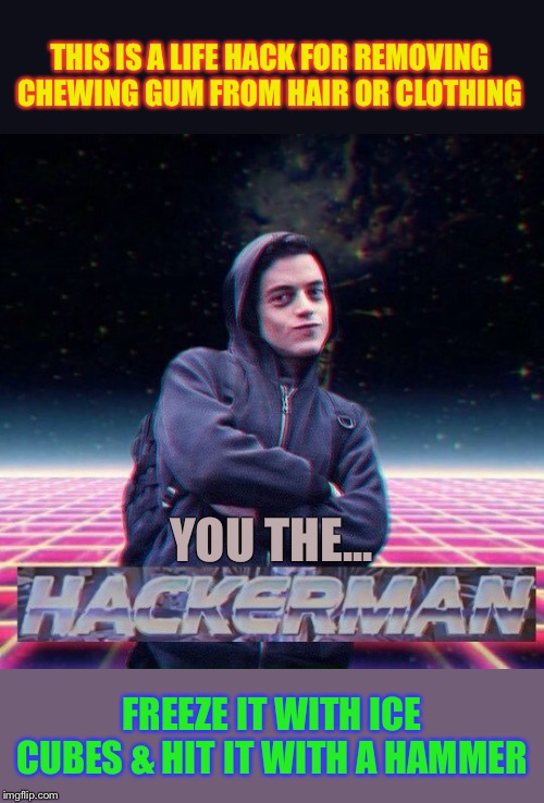 HackerMan | THIS IS A LIFE HACK FOR REMOVING CHEWING GUM FROM HAIR OR CLOTHING FREEZE IT WITH ICE CUBES & HIT IT WITH A HAMMER YOU THE... | image tagged in hackerman | made w/ Imgflip meme maker