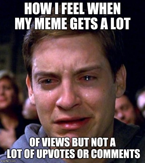 crying peter parker | HOW I FEEL WHEN MY MEME GETS A LOT; OF VIEWS BUT NOT A LOT OF UPVOTES OR COMMENTS | image tagged in crying peter parker | made w/ Imgflip meme maker