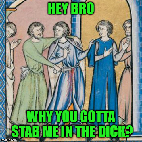 Hey Bro | HEY BRO; WHY YOU GOTTA STAB ME IN THE DICK? | image tagged in funny,humor,medieval,bro | made w/ Imgflip meme maker